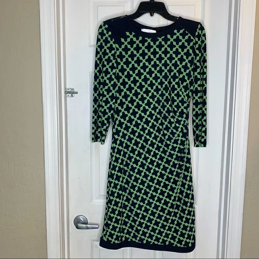 Donna Morgan Navy and Green Geometric Print Dress Size 6